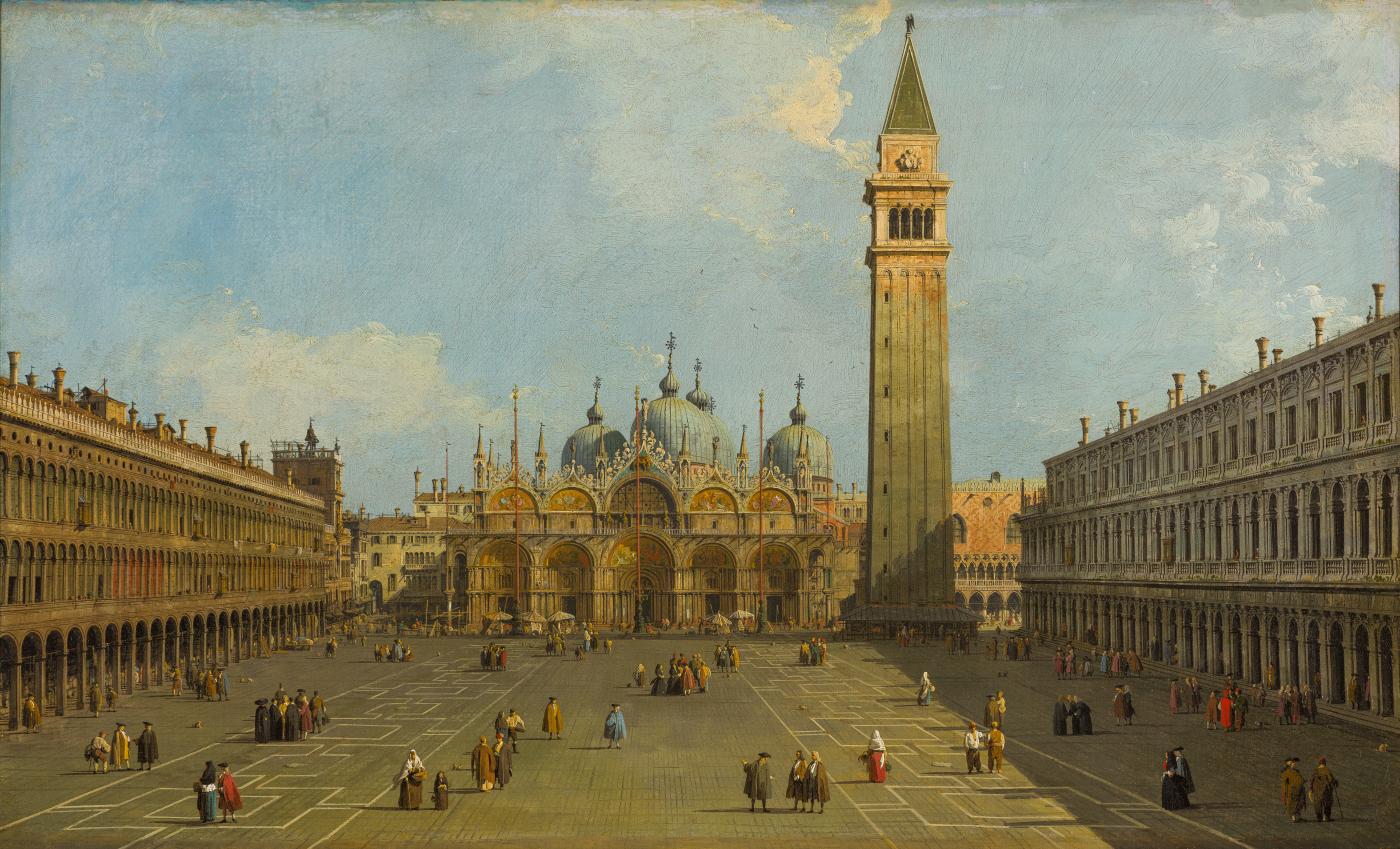 An image showing 'The Piazza San Marco looking towards the Basilica San Marco and the Campanile'