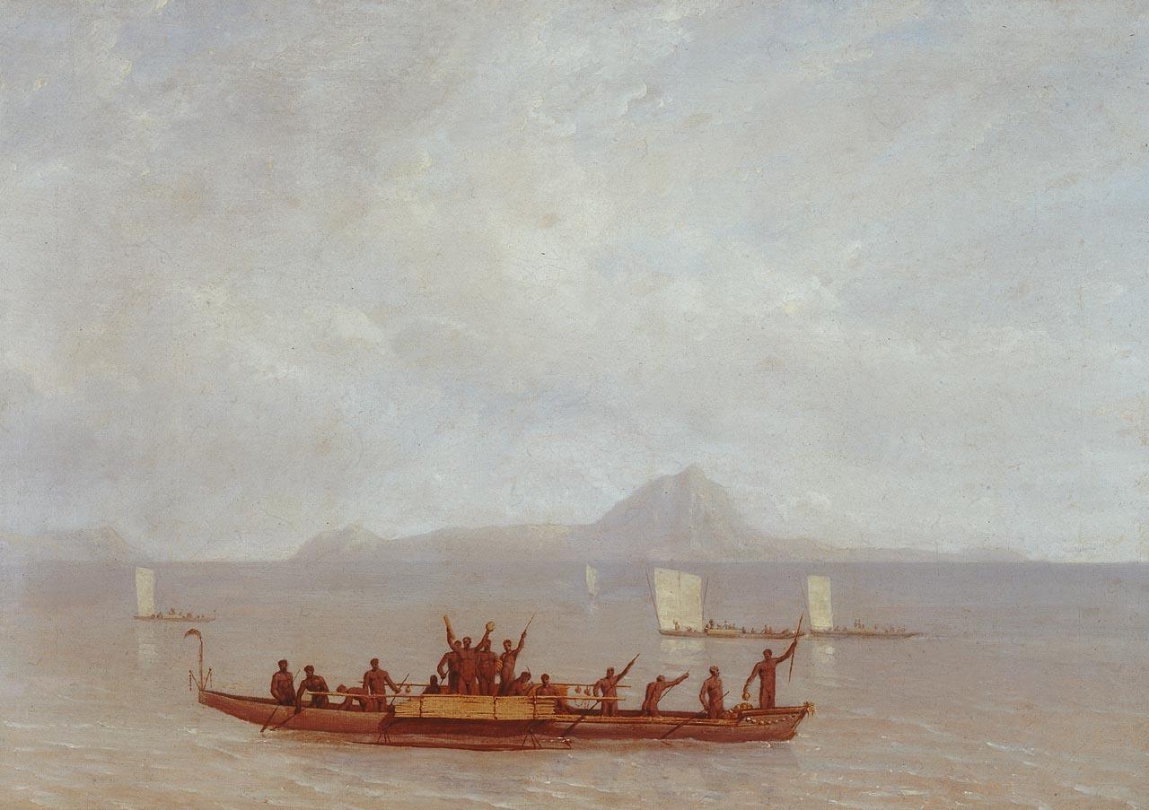 An image showing 'View of Murray’s Islands with the natives offering to barter, October 1802'