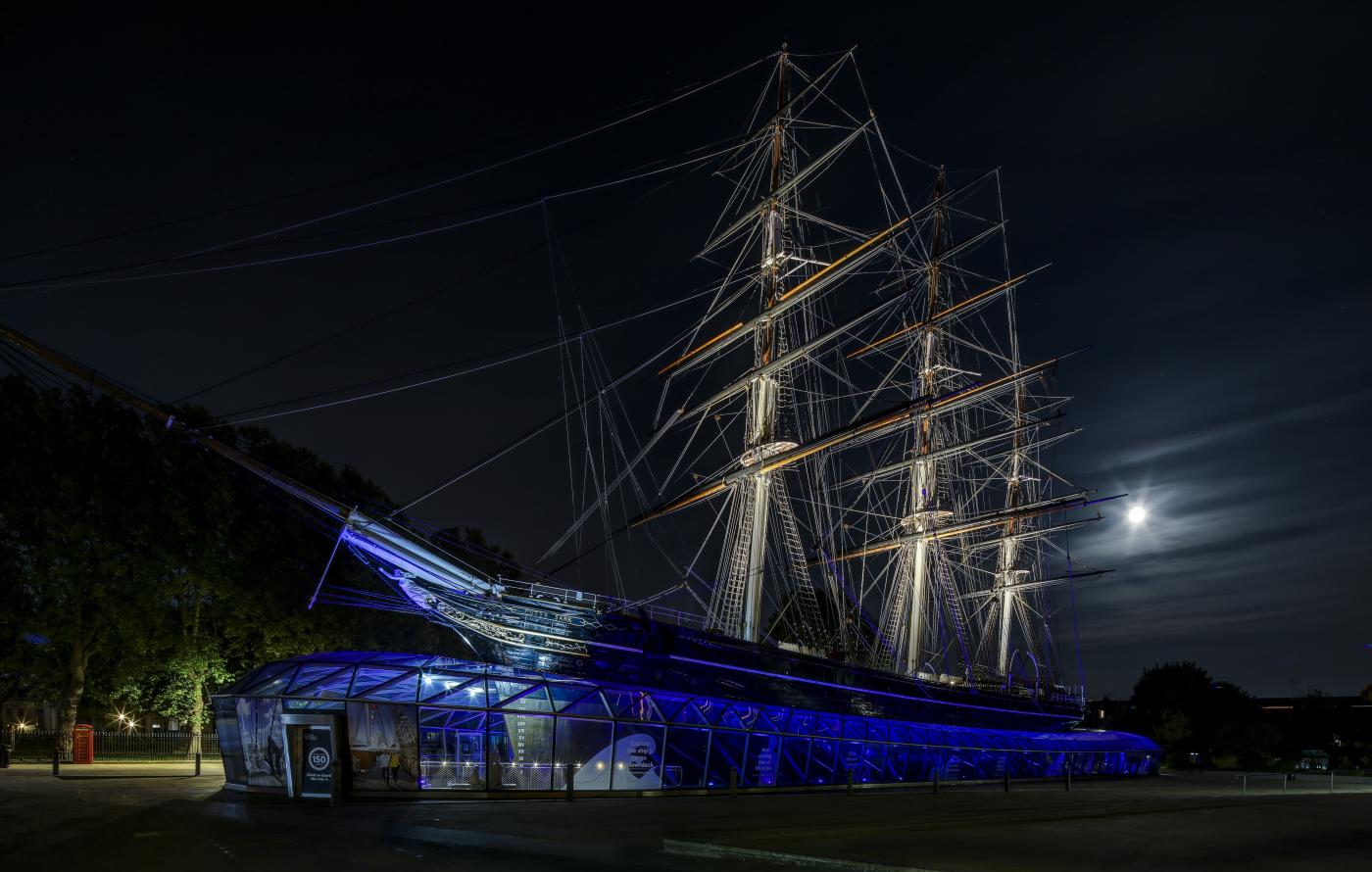 An image showing 'Cutty Sark illuminated in blue'