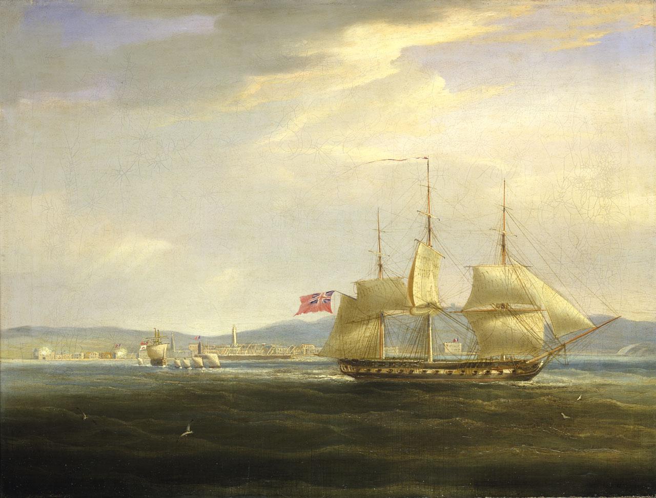 An image showing 'William John Huggins 'HMS 'Mercury' cuts out the French gunboat Leda from Rovigno, 1 April 1809' (RMG reference: BHC0589)'