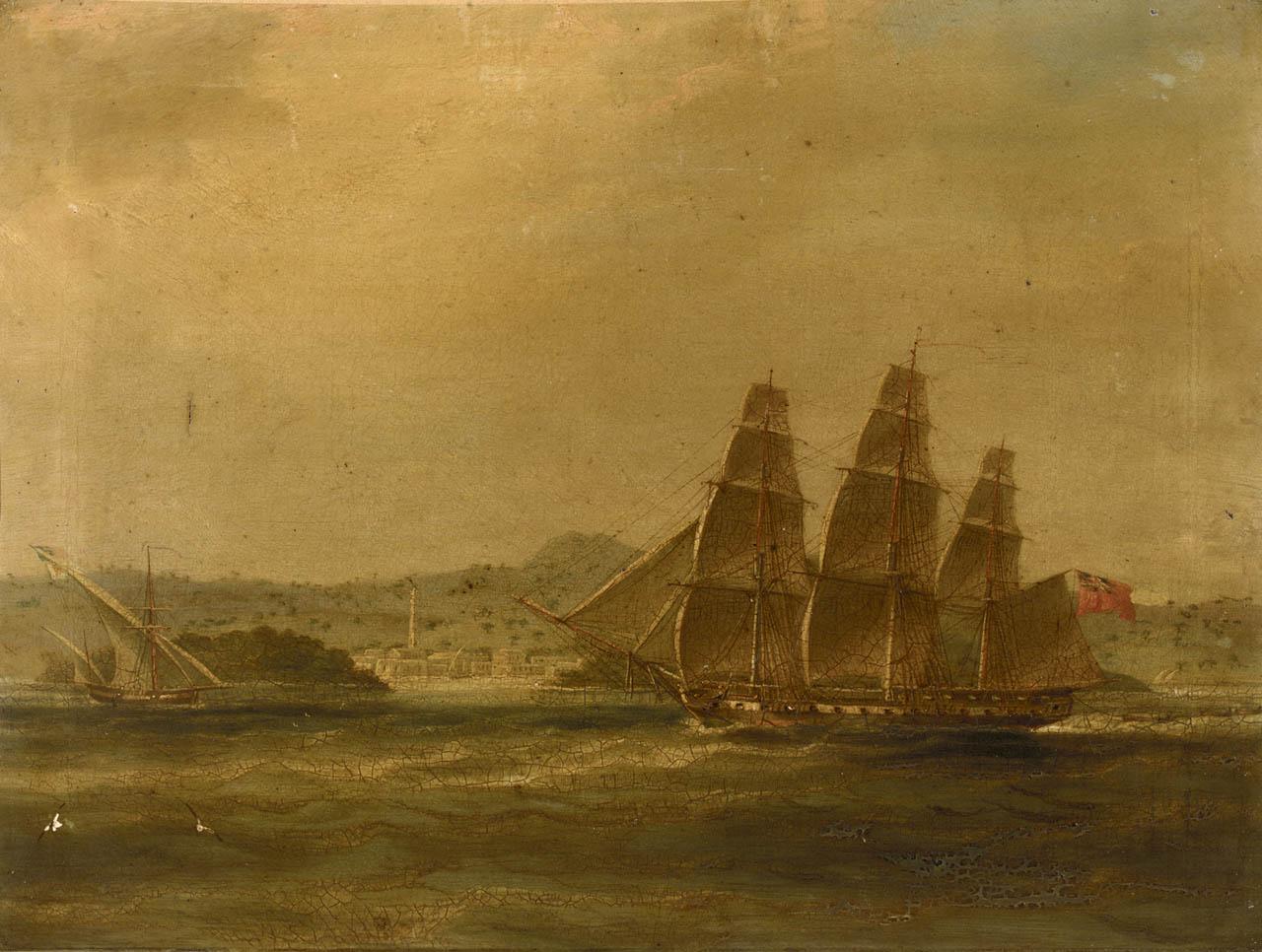 An image showing 'William John Huggins 'HMS Mercury takes La Pugliese in Barletta, 7 September 1809' (RMG reference: BHC0592)'