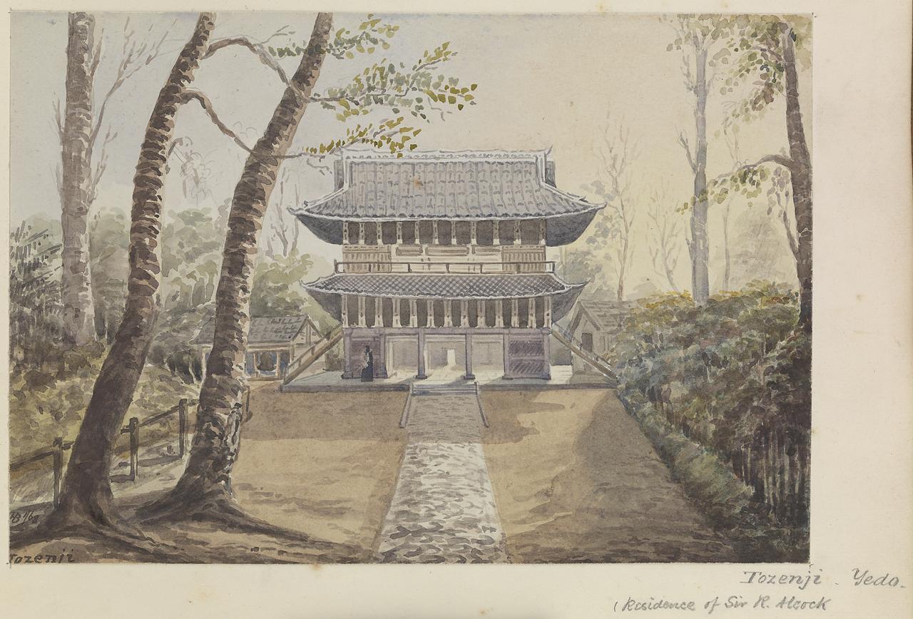 An image showing 'James Henry Butt, watercolour 'Tozenji, Yedo (Residence of Sir R. Alcock)' (RMG reference: PAJ2060)'