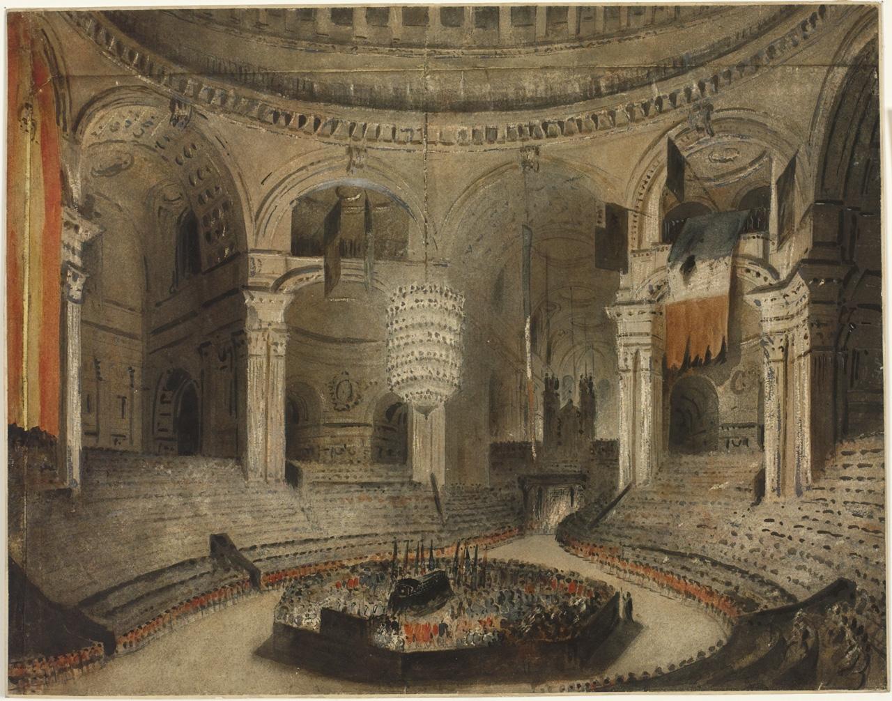 An image showing 'Painting of interment of Nelson at St Paul's, with ensign visible on left'