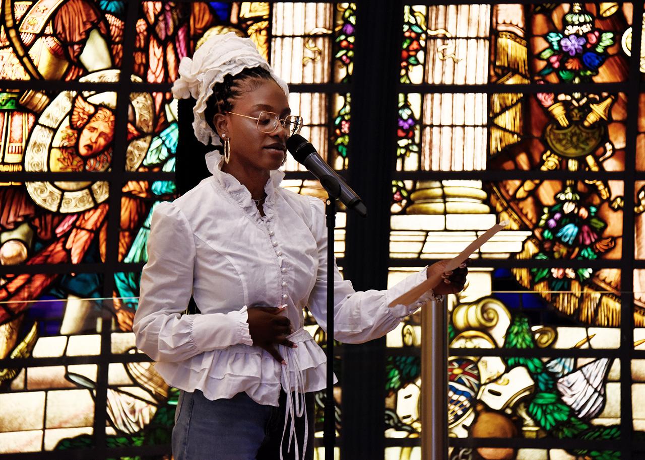An image showing 'Jahmila Heath performs at the National Maritime Museum during Slavery Remembrance Day'