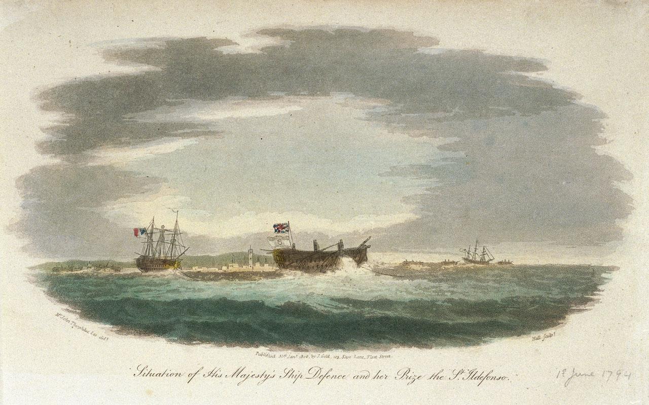 An image showing 'Plate from 'The Naval Chronicle', 1806, showing the captured and dismasted San Ildefonso'