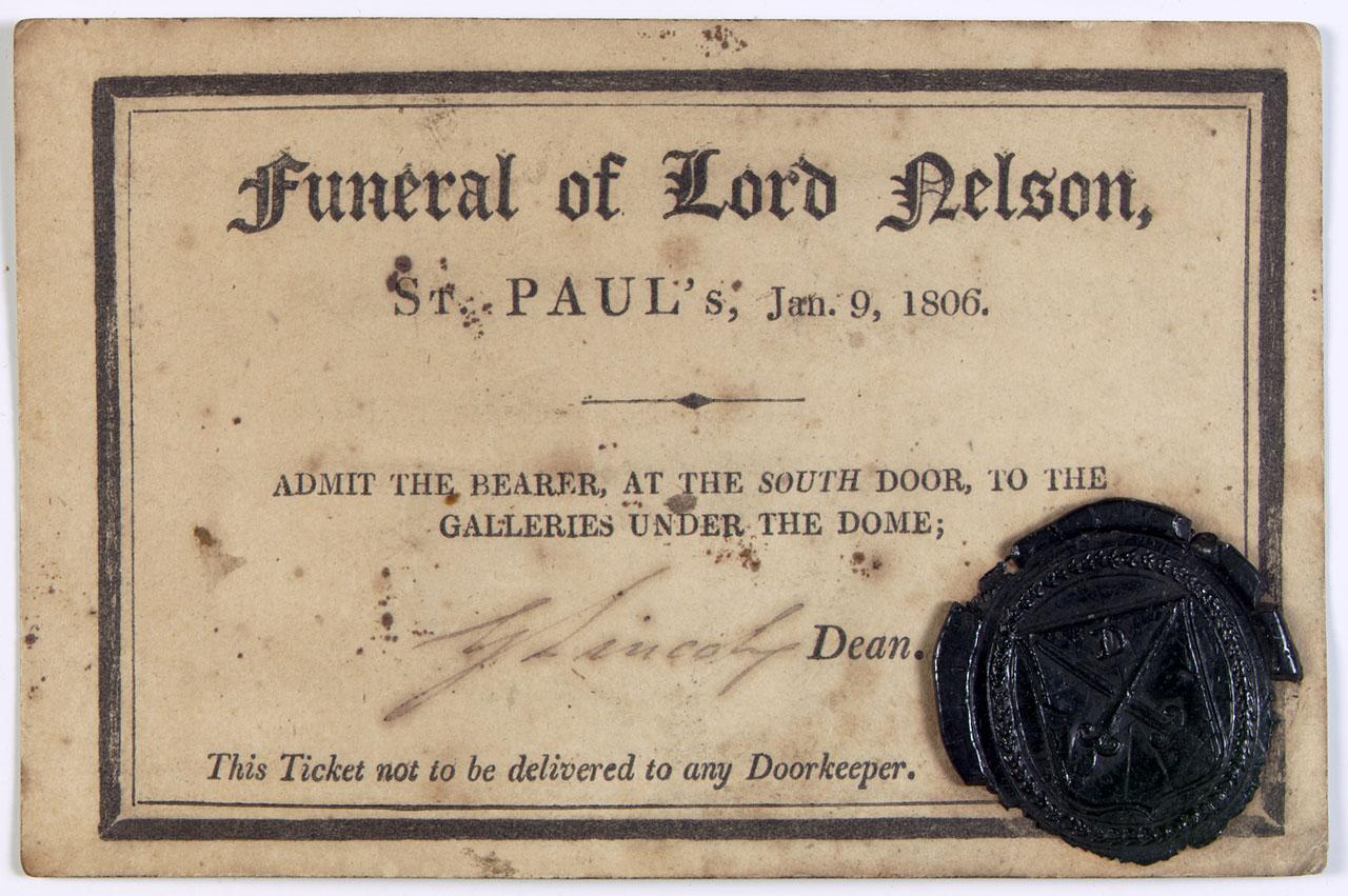 An image showing 'Ticket to the state funeral of Admiral Lord Nelson, where the Spanish ensign was hung'