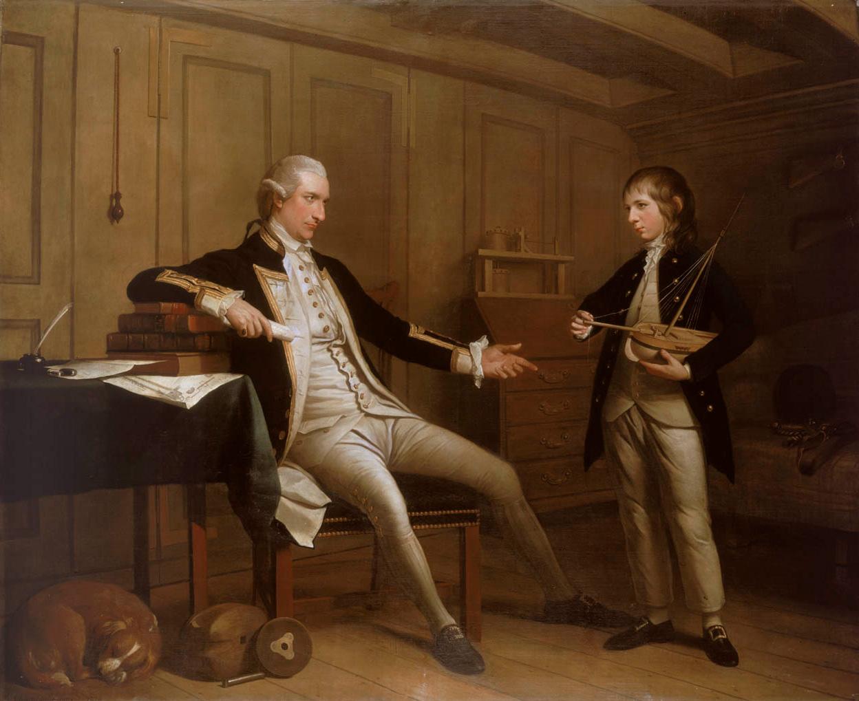 An image showing 'Captain John Bentinck and his son, William Bentinck, in a ship’s cabin by Mason Chamberlin'