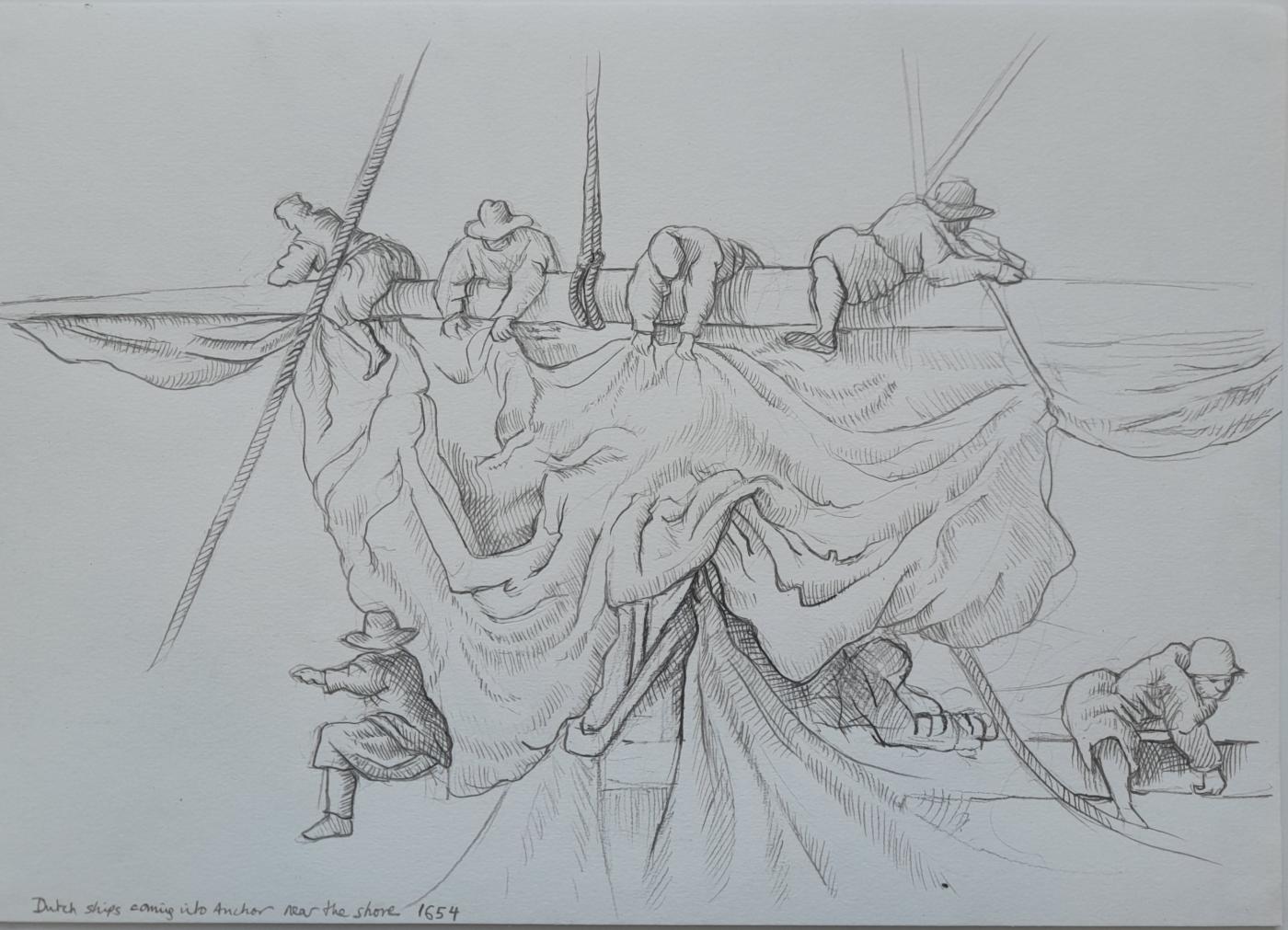 An image showing '"Sailors hoisting the sails. Detail study of Van de Velde pen painting"'