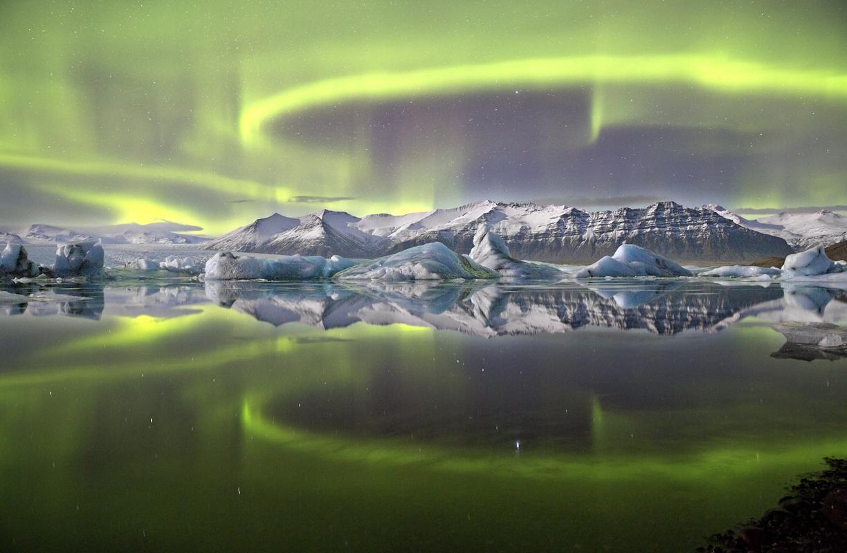 An image showing 'Aurora over a Glacier Lagoon'