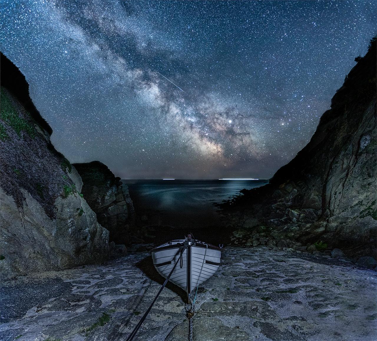 An image showing 'Milky Way and Meteor at Porthgwarra'