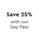 White roundel with text inside which reads 'Save 25% with our Day Pass'