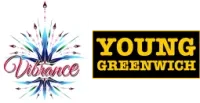 Split graphic showing the colorful “Vibrance” logo with decorative blue, pink, and green burst patterns on the left, and bold yellow “YOUNG GREENWICH” text inside a yellow rectangular border on a black background on the right.
