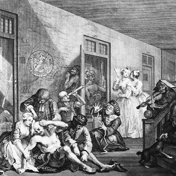 A black and white cartoon shows people in Bedlam asylum.