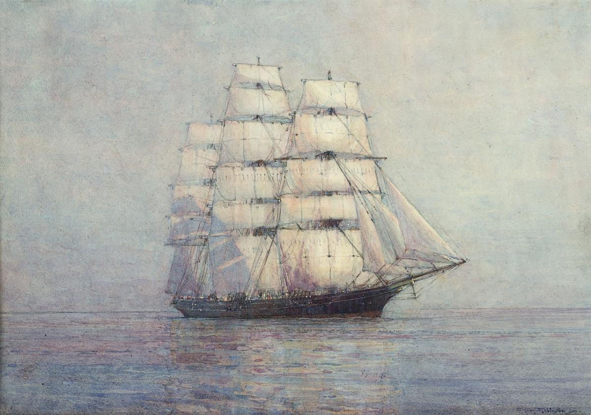 A painting of the tea clipper Cutty Sark in full sail