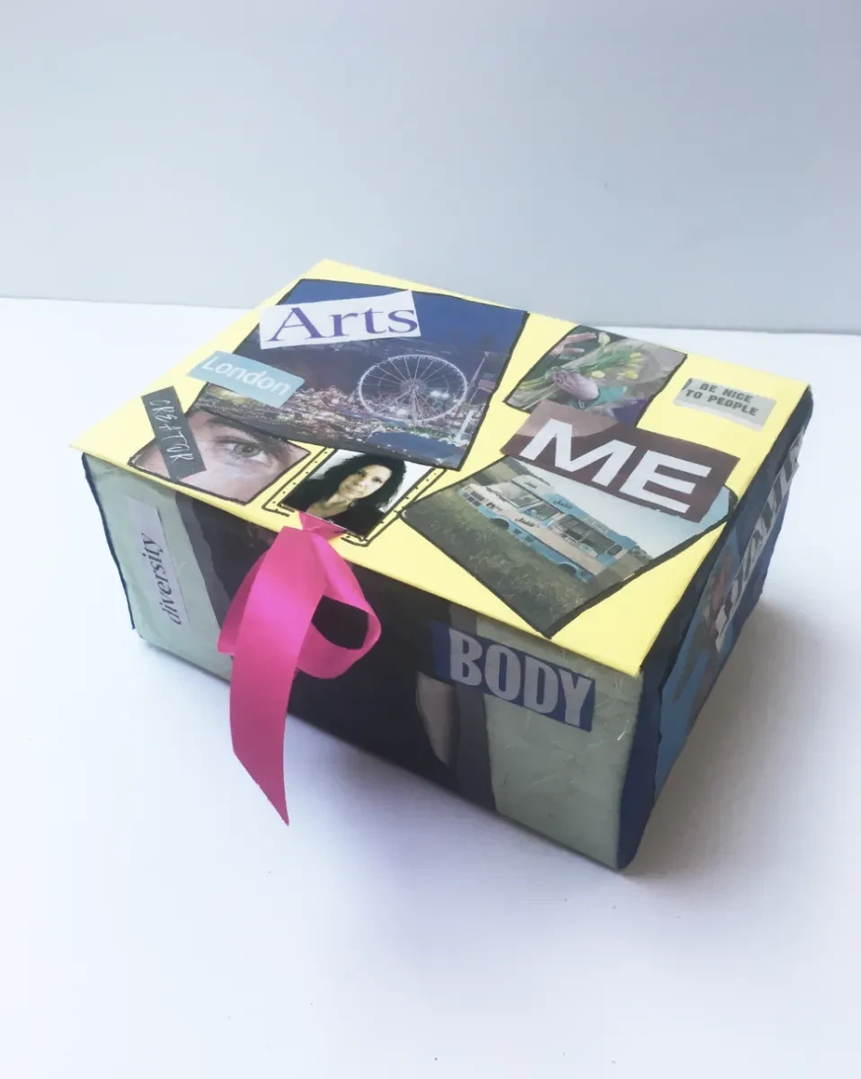 A yellow cardboard box newly decorated with personal photos and words