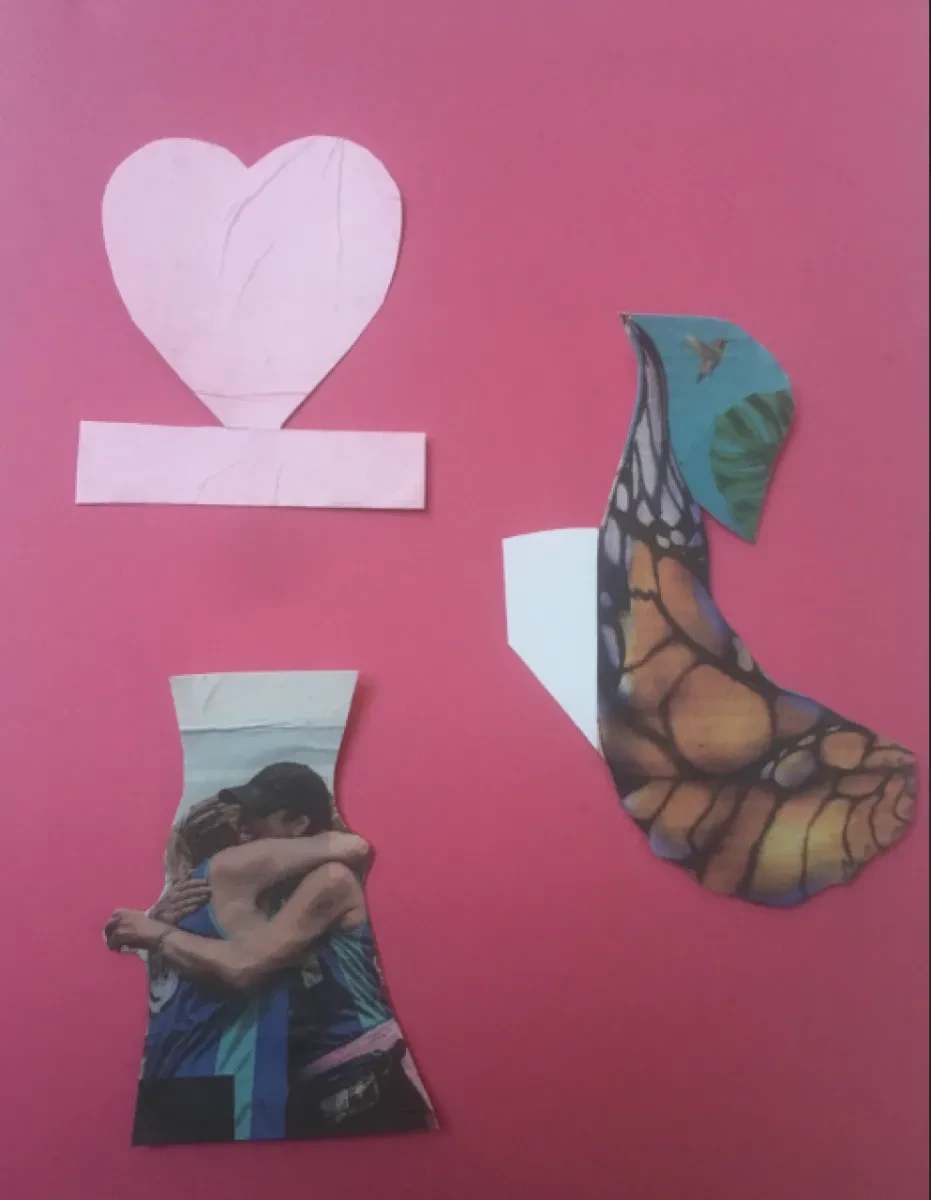 A collage of personal photos and love hearts on a pink background