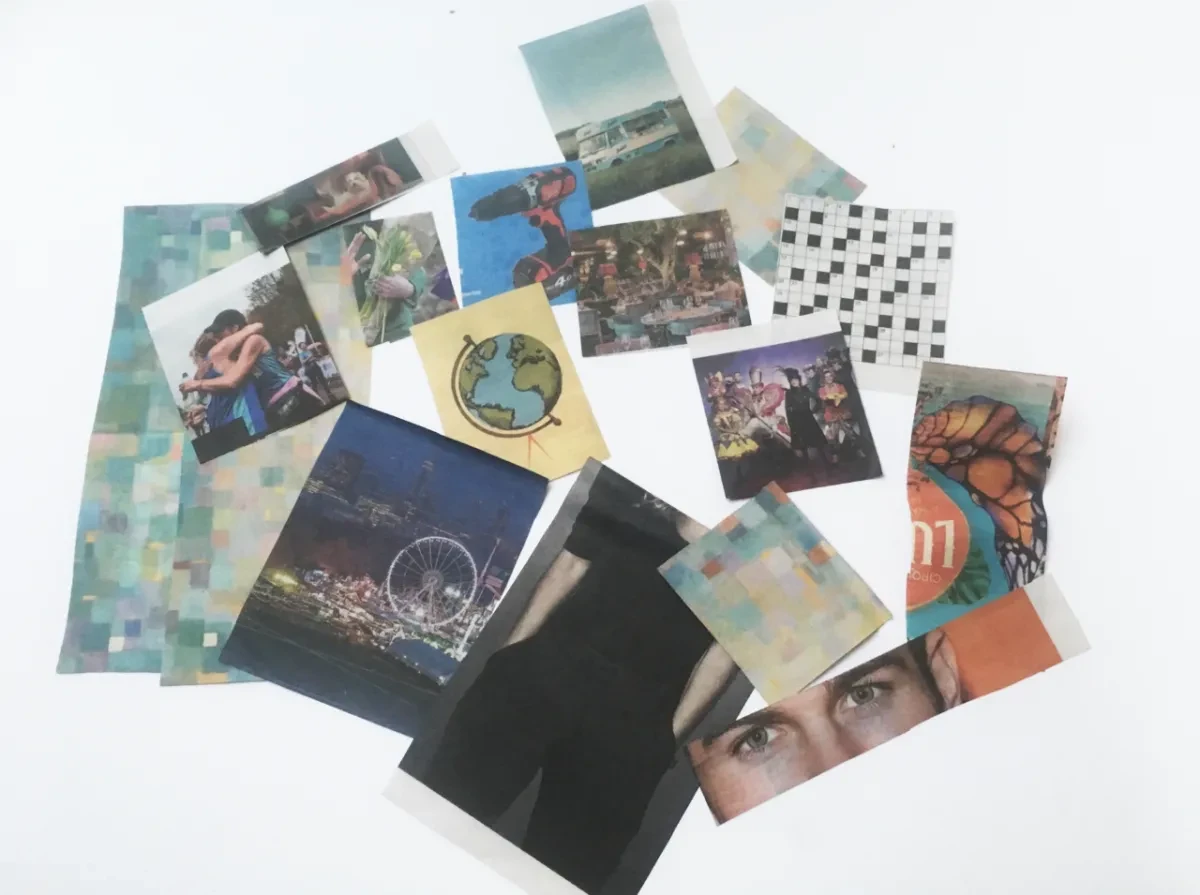 A collection of photos and images used to decorate a cardboard box
