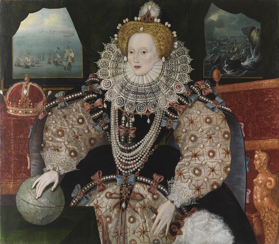 The Armada Portrait of Queen Elizabeth I resting her hand on a globe with a crown in the background
