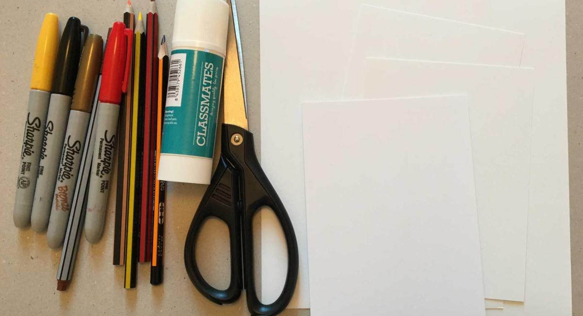 coloured pens, coloured pencils, pencil, glue. scissors and paper