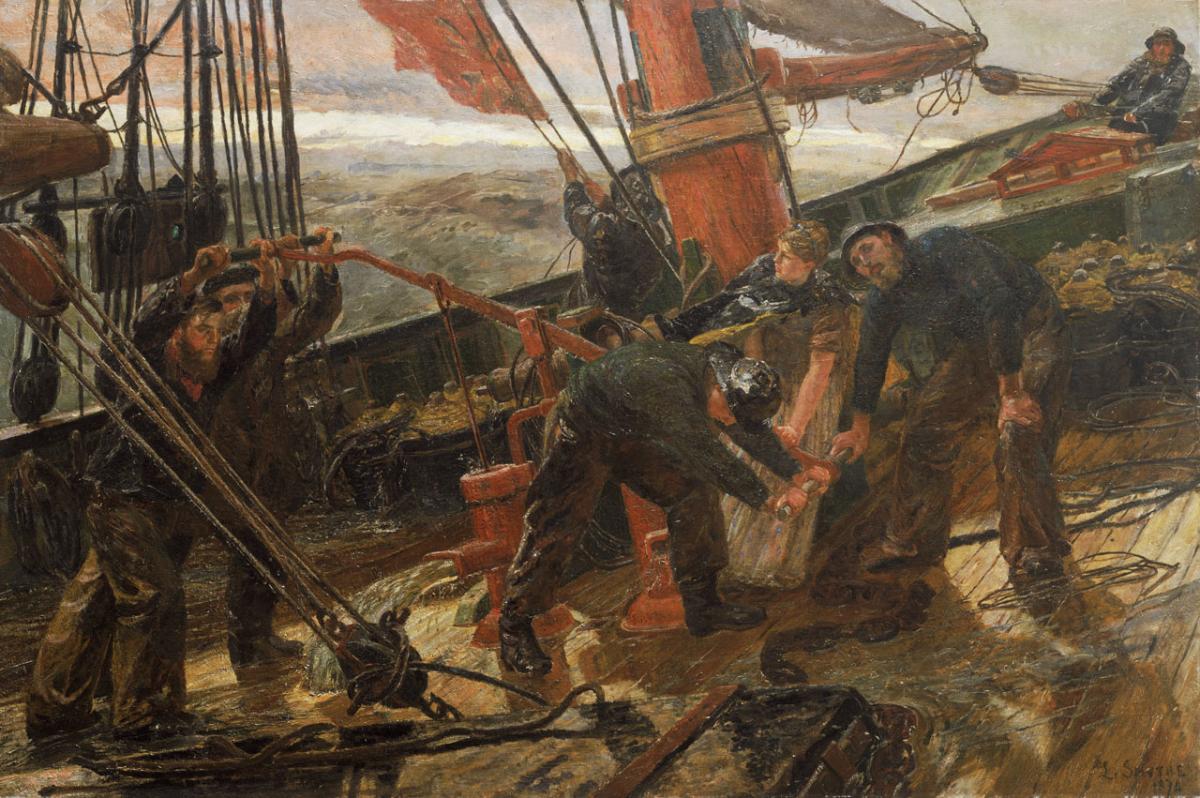 A painting of a deck scene on a tall ship, with sailors working in heavy conditions