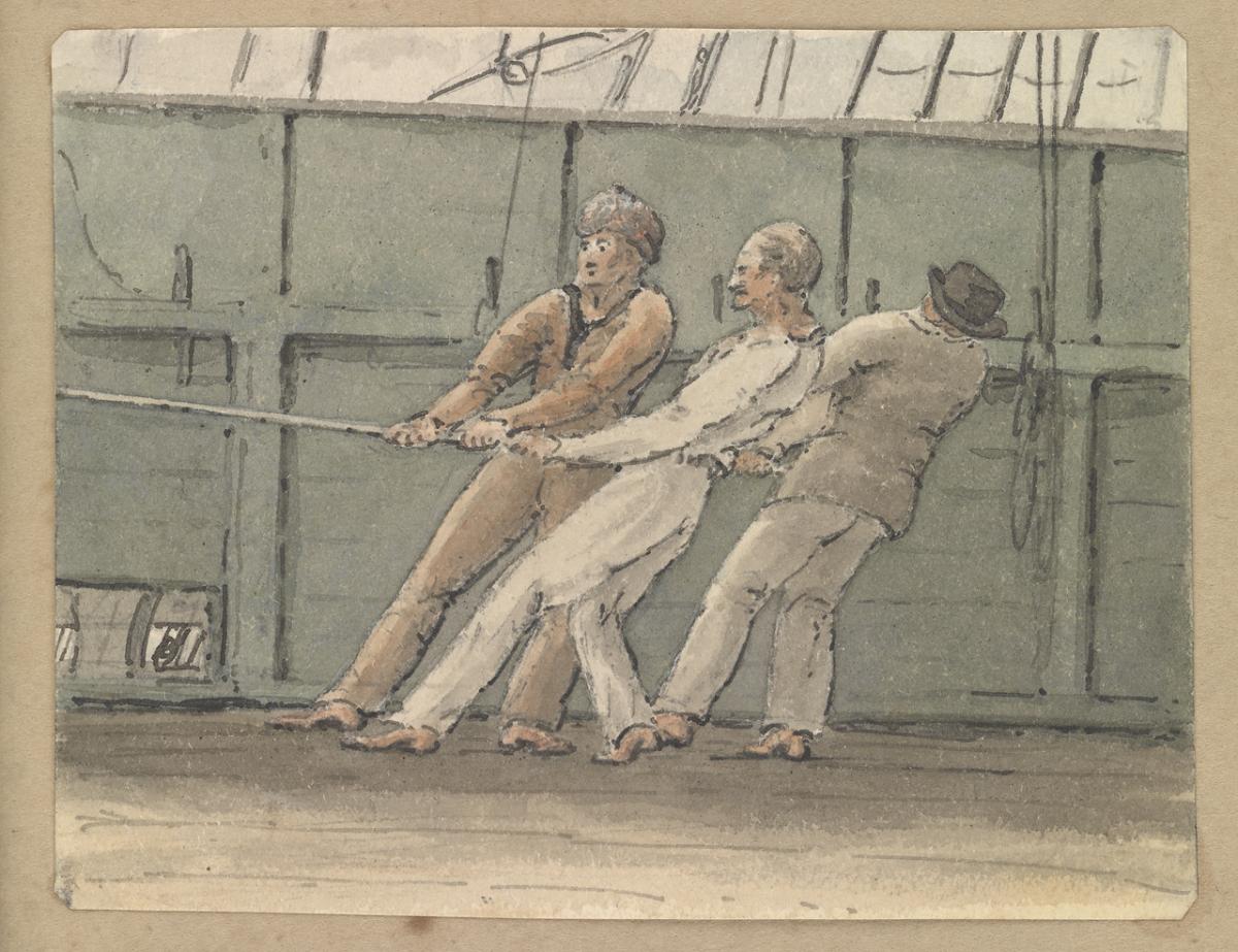 Deck scene with three men hauling on a rope