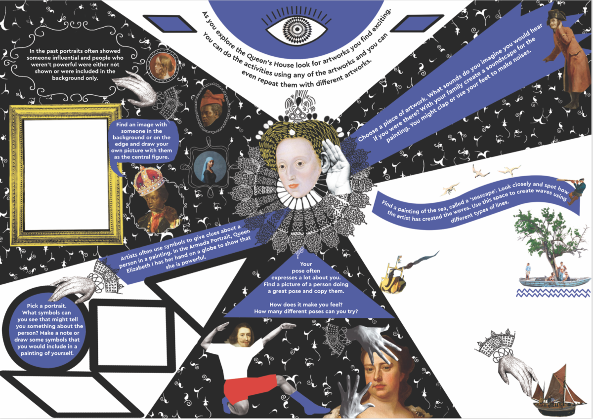 Single page of family trail. Queen Elizabeth I's head is in the centre and 5 activities are placed around with images from the collection to decorate.