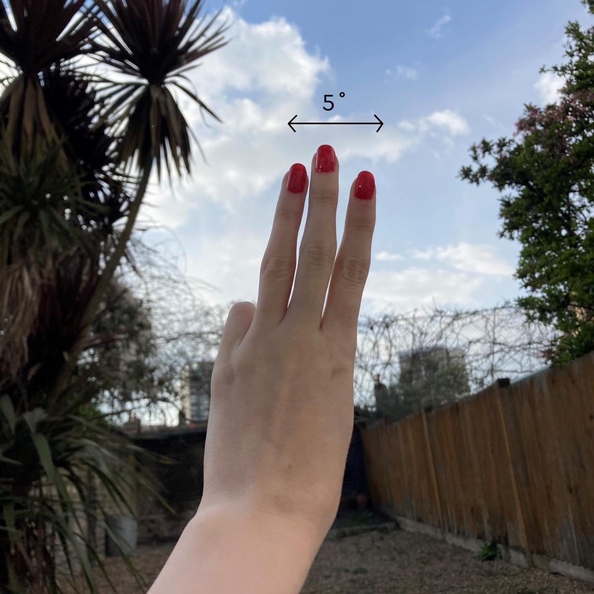 A person holds three fingers up to the sky, illustrating the 'Danjon Limit' - the amount of distance between the Sun and the Moon required to see the Moon
