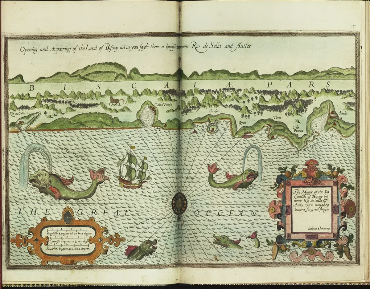 Illustrated map of the sea showing the shoreline, sea creatures and ships.