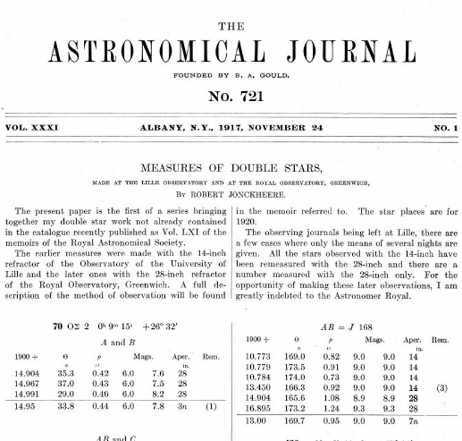 Front page of Robrt Jonckheere's article in the Astronomical Journal