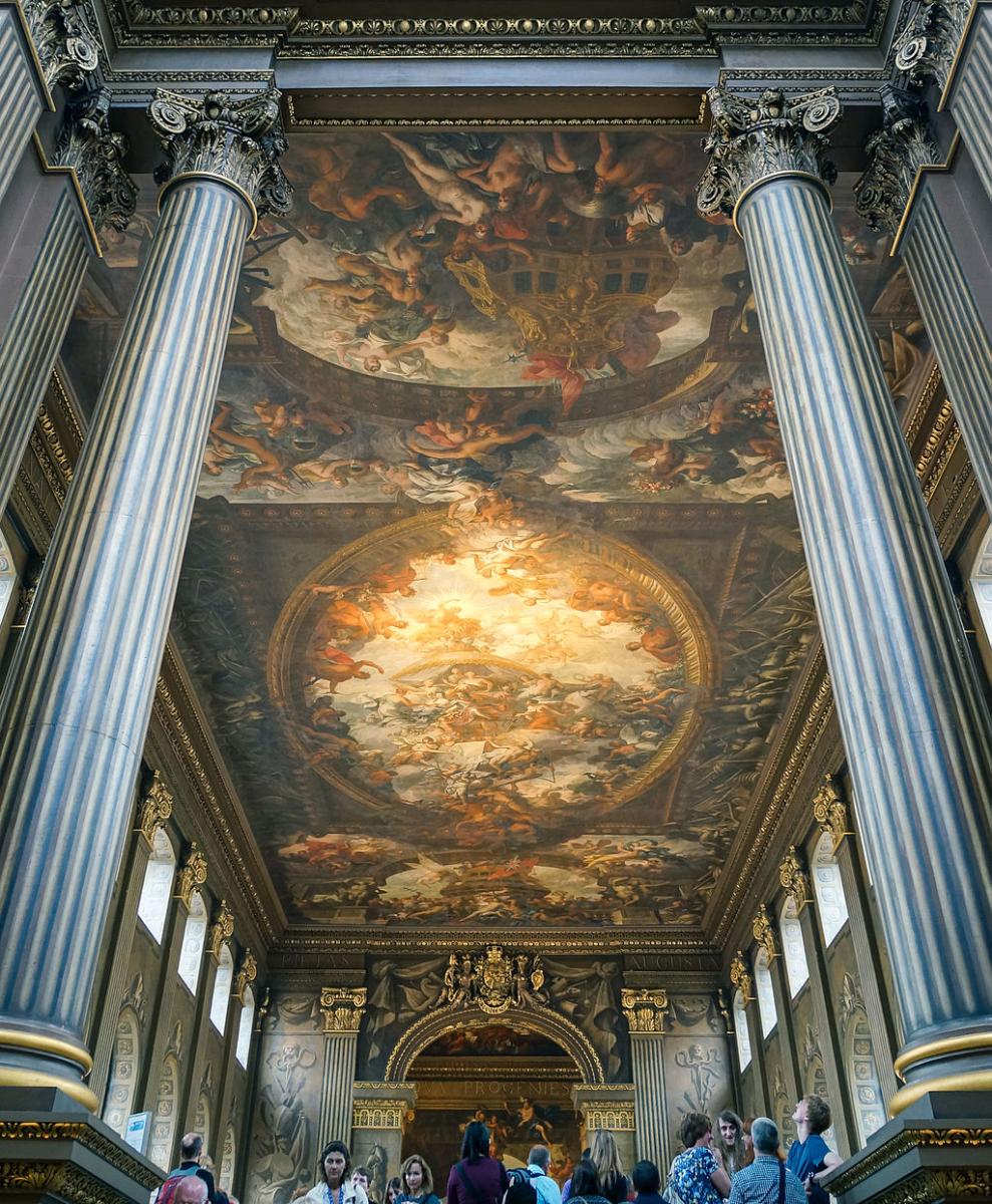 A view up at the richly decorated Painted Hall in the Old Royal Naval College Greenwich