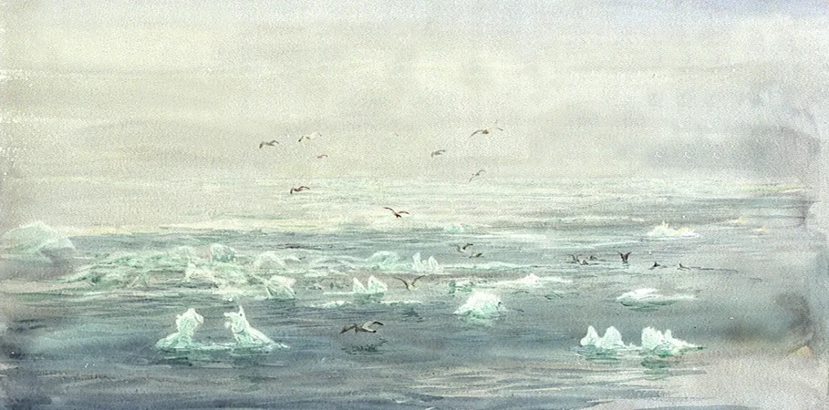 Painting of icebergs in the ocean
