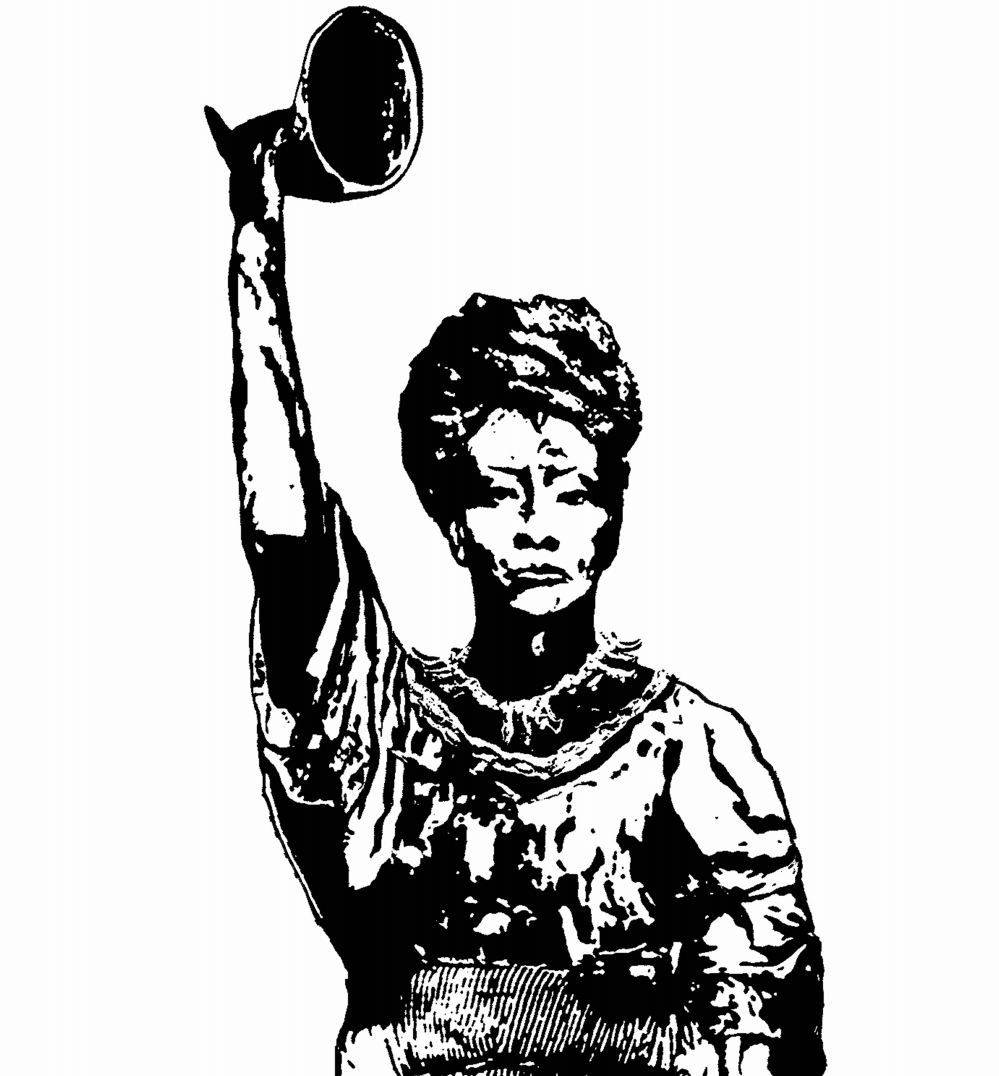 A digital artwork of Nanny of the Marrons by artist, Karen McLean, showing a defiant Nanny in black and white with her right fist held in the air