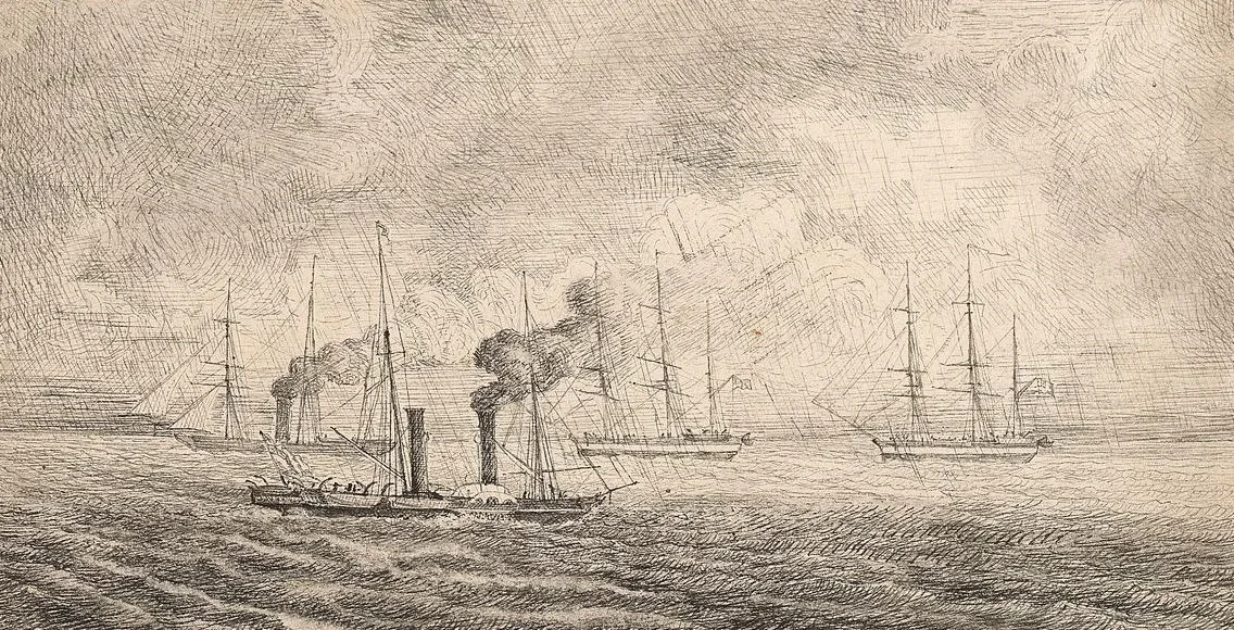 A grey sketch of ships at sea
