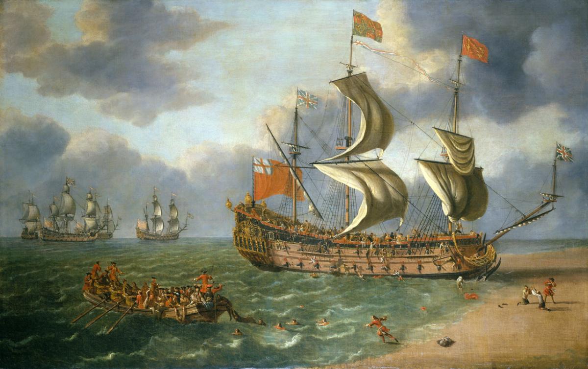 Oil painting of the HMS Gloucester run aground