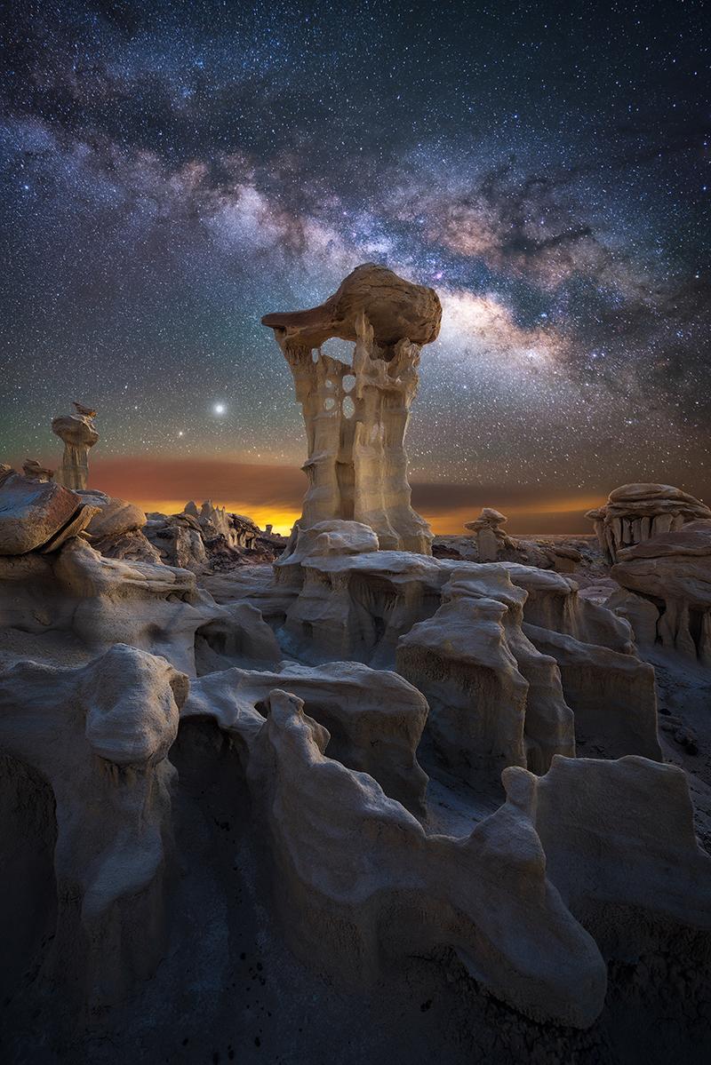 Rock spire in New Mexico sits underneath the Milky Way