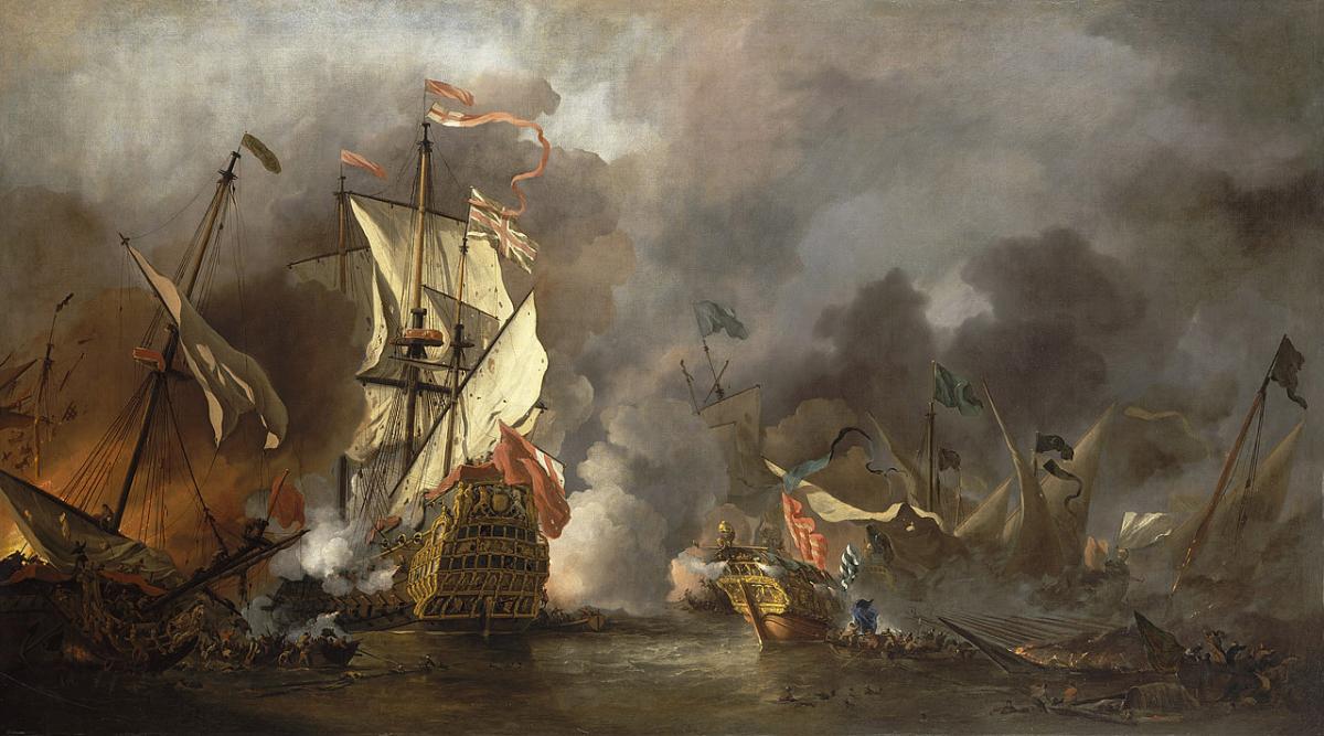 A dramatic naval battle showing an English ship battling 'Barbary' vessels. The air is thick with smoke and cannon fire