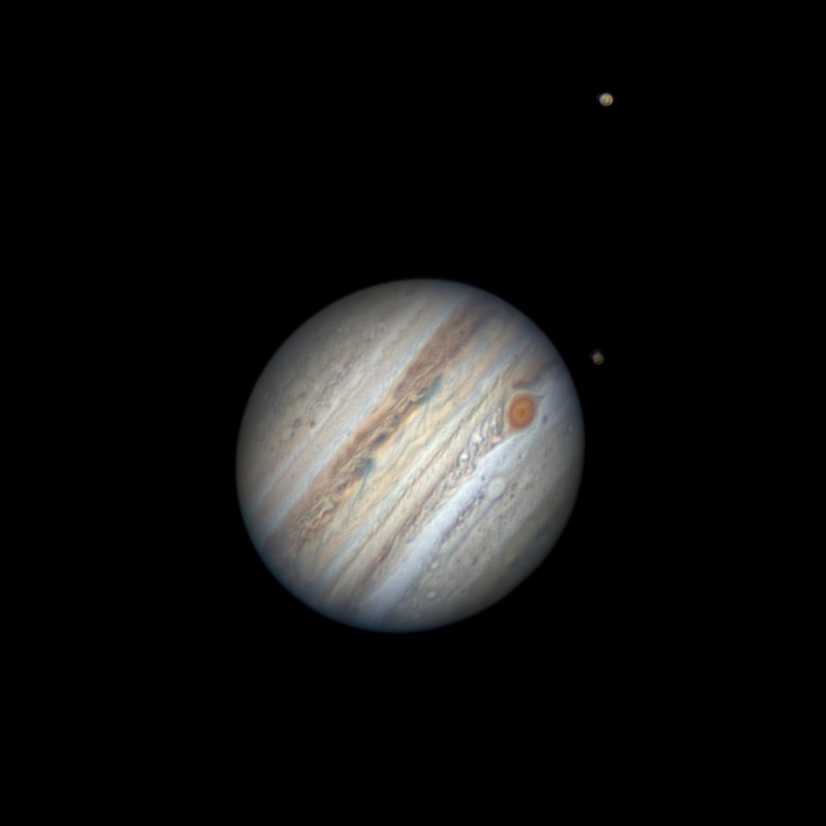 The planet Jupiter with its moons Ganymede and Calisto