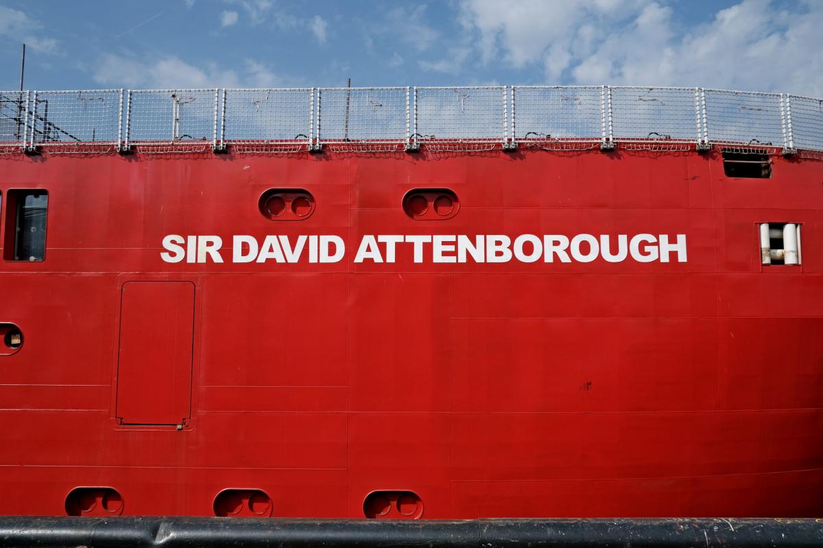 The red hull of RRS Sir David Attenborough 