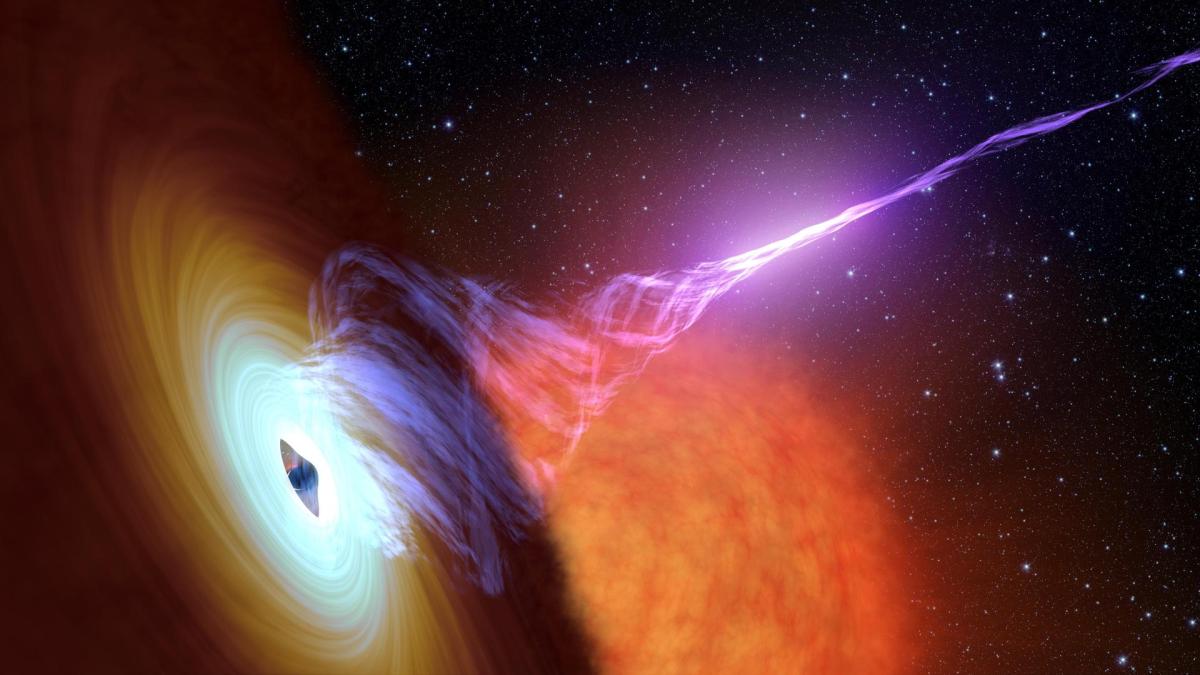 An artist's illustration of a black hole with an accretion disc and jet of gas ejecting from the black hole