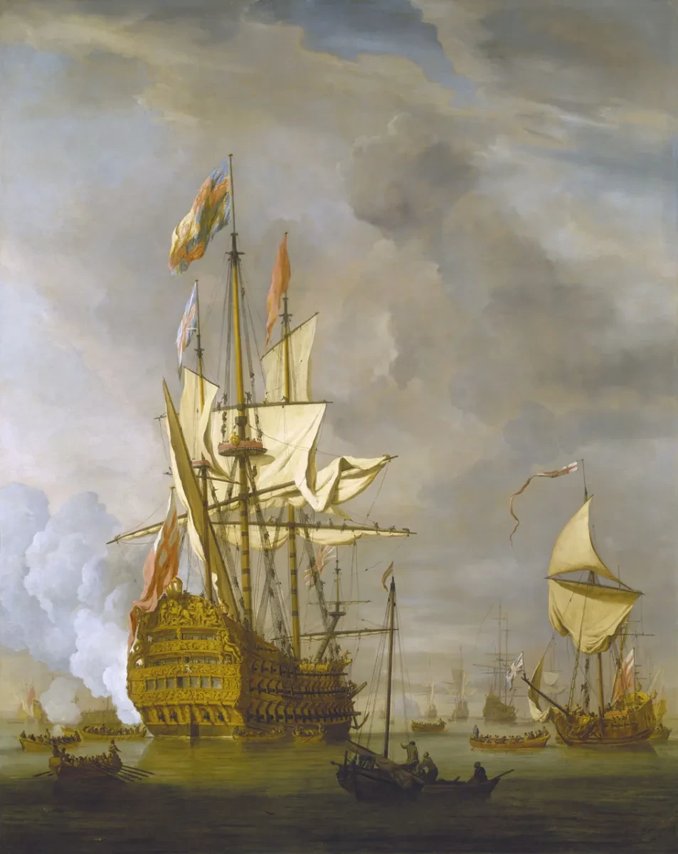 Oil painting of a Navy battleship from the 17th century