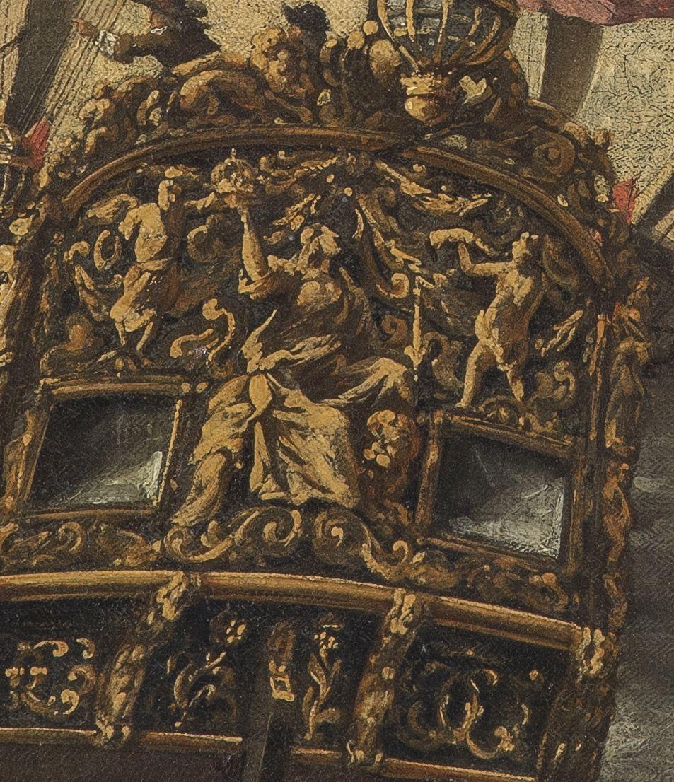 Detail of the stern of the Katherine yacht in a Royal Visit to the Fleet by Willem van de Velde the Younger