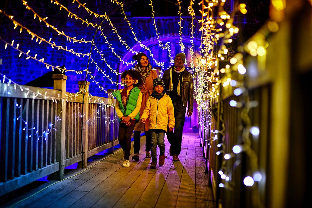 A family walk along a walkway covered with fairy lights