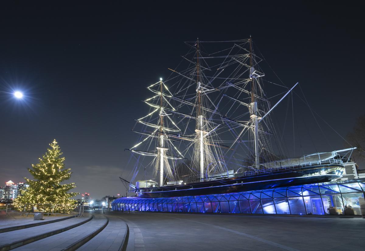 Christmas lights arranged in a Christmas tree pattern in the rigging of Cutty Sark