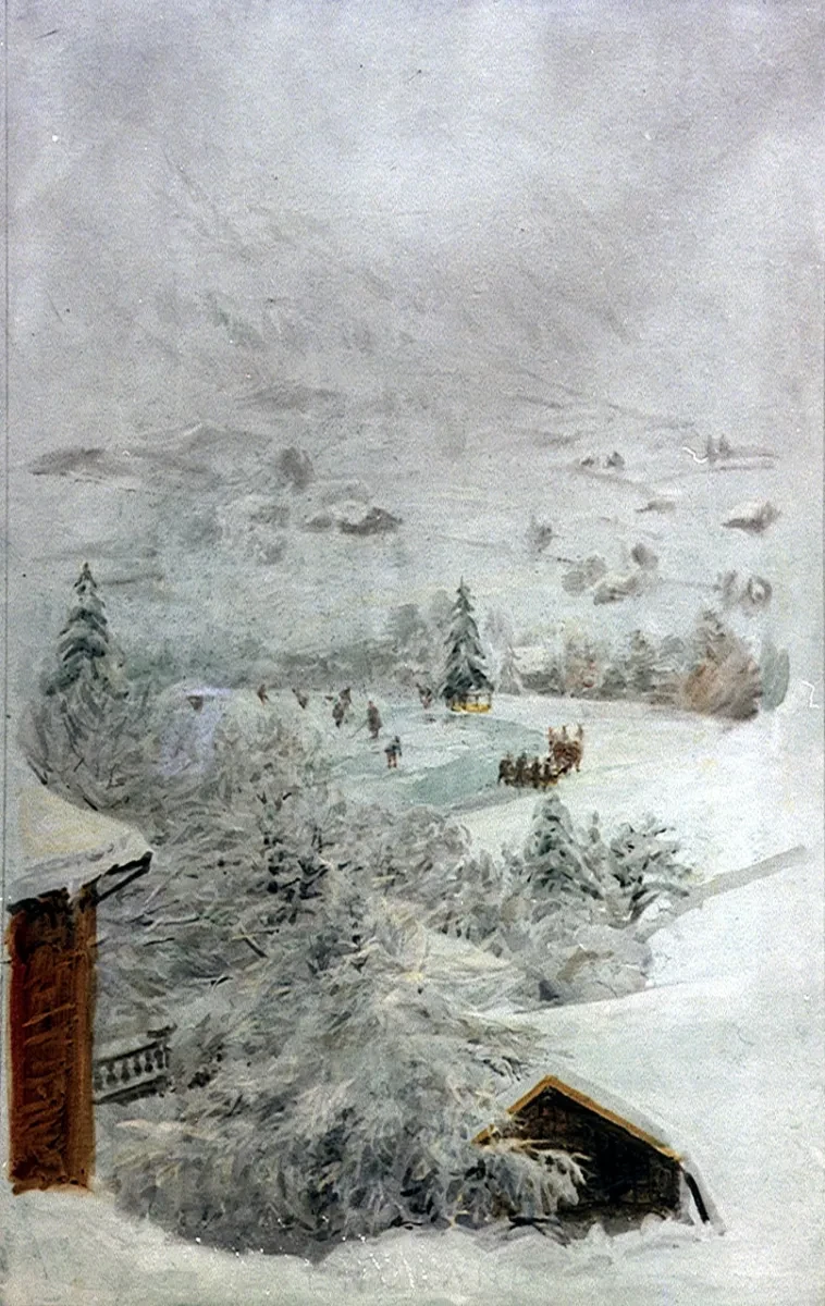 A snowy alpine painting in Switzerland
