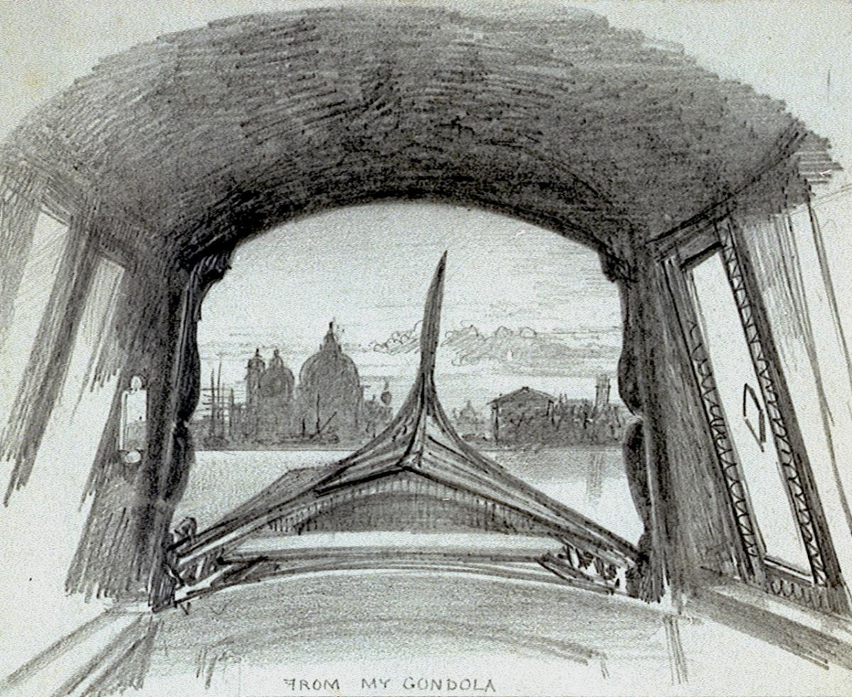 A drawing showing a view of Venice from the perspective of a gondola. An awning arches over the top of the sketch, with the prow of the boat pointing towards domes and buildings