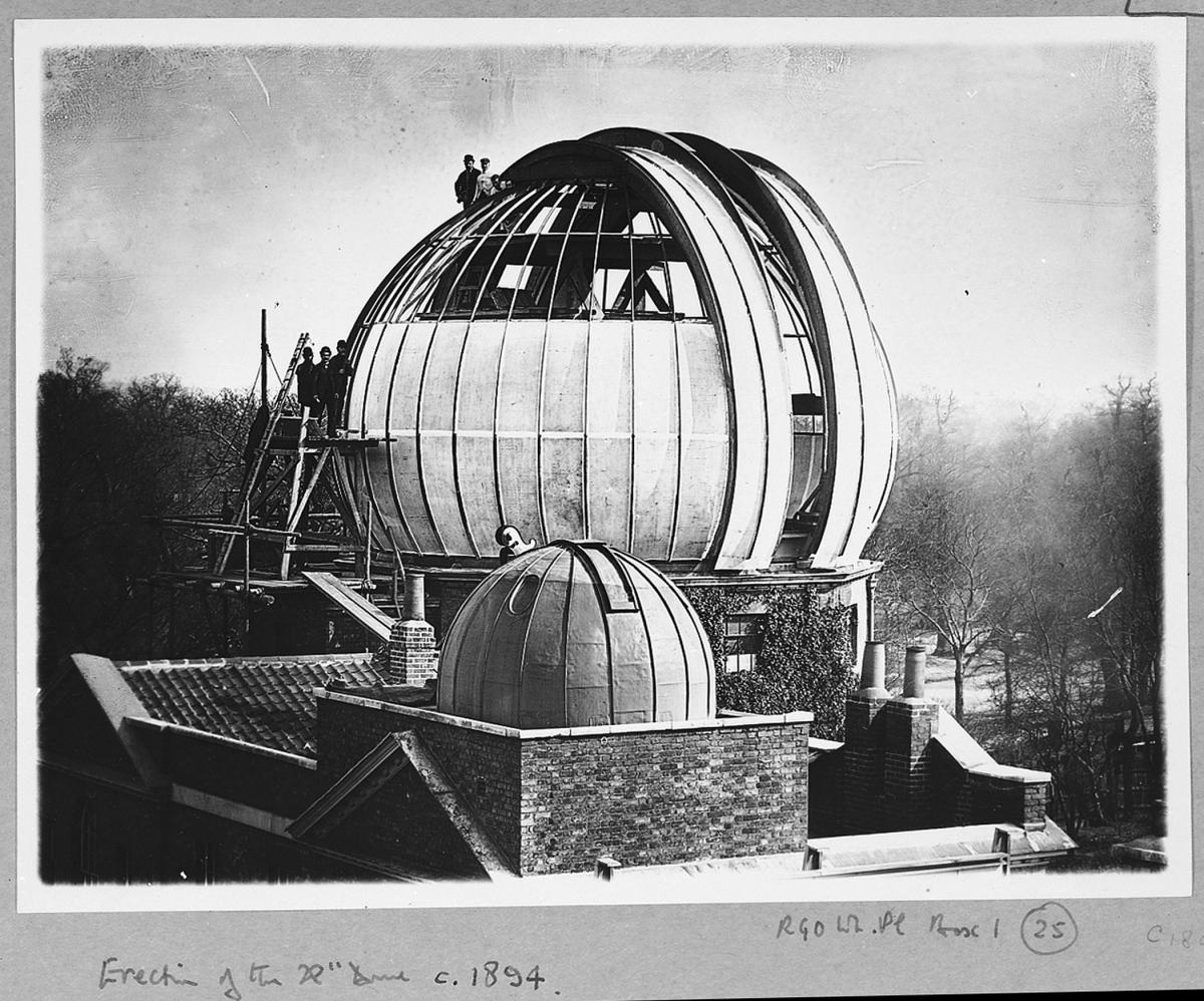 Historic photograph showing the construction of the Onion Dome roof at the Royal Observatory