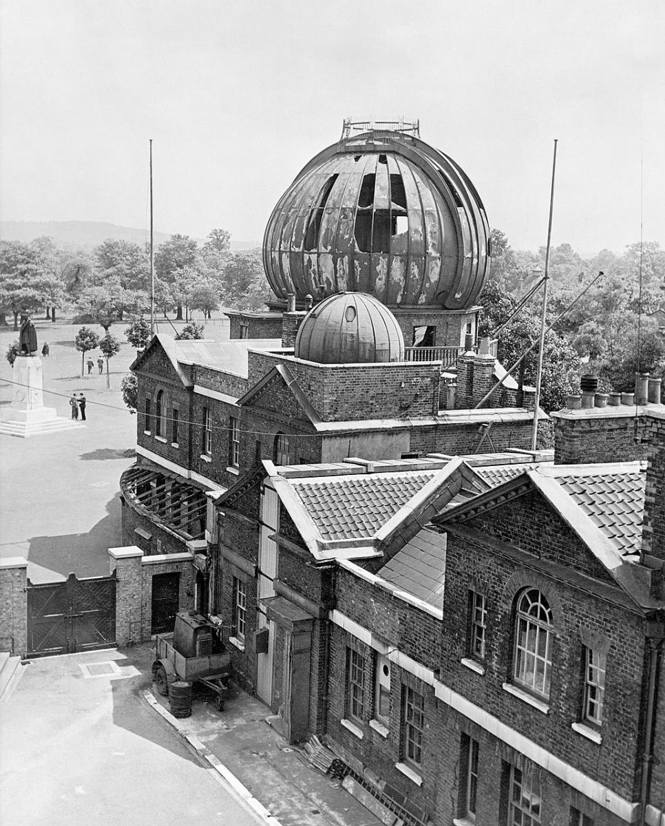 Historic photograph showing Second World War bomb damage of the Royal Observatory's Onion Dome, where the Great Equatorial Telescope was housed