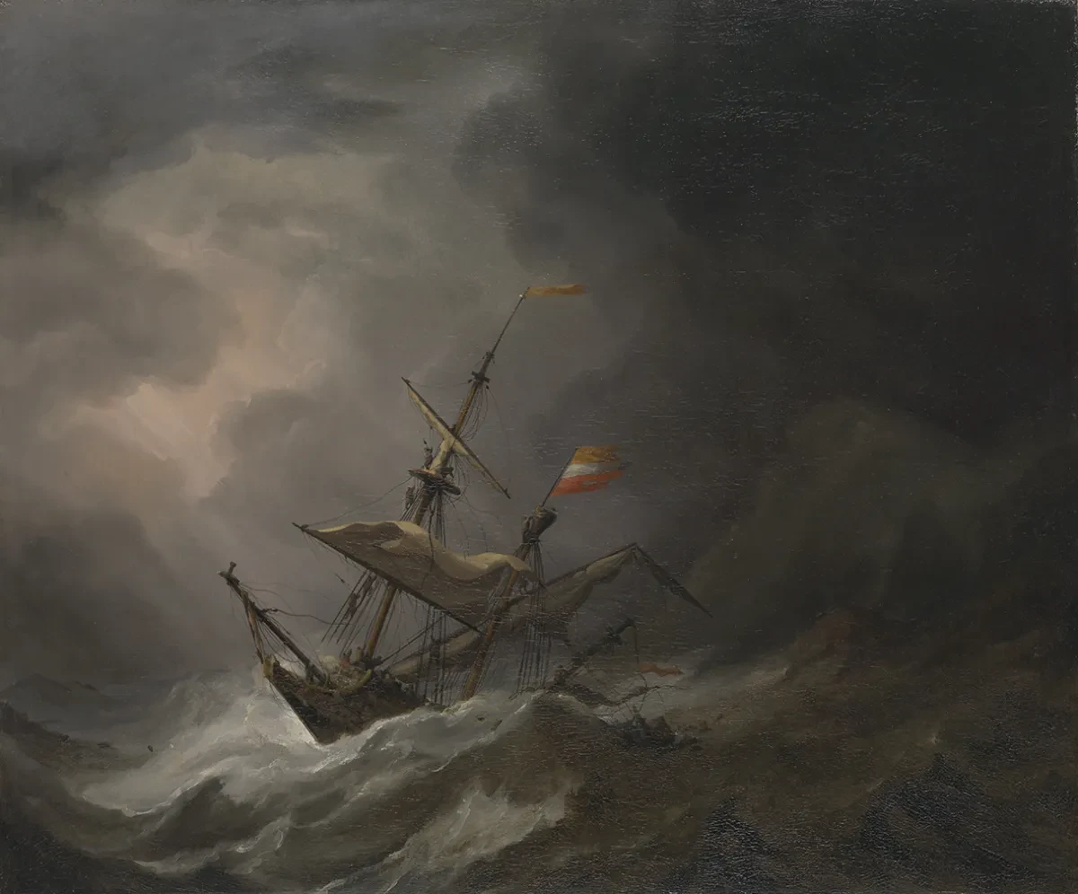 An oil painting of a sailing ship in peril in a rough sea.