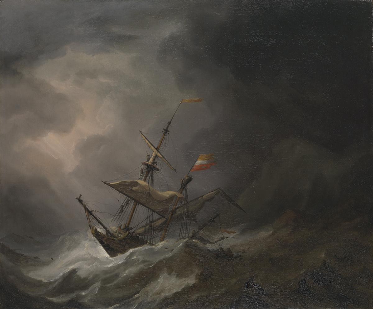 An oil painting of a sailing ship in peril in a rough sea. The painting is dark and dramatic, with a shaft of sunlight piercing through the clouds and illuminating the stricken ship