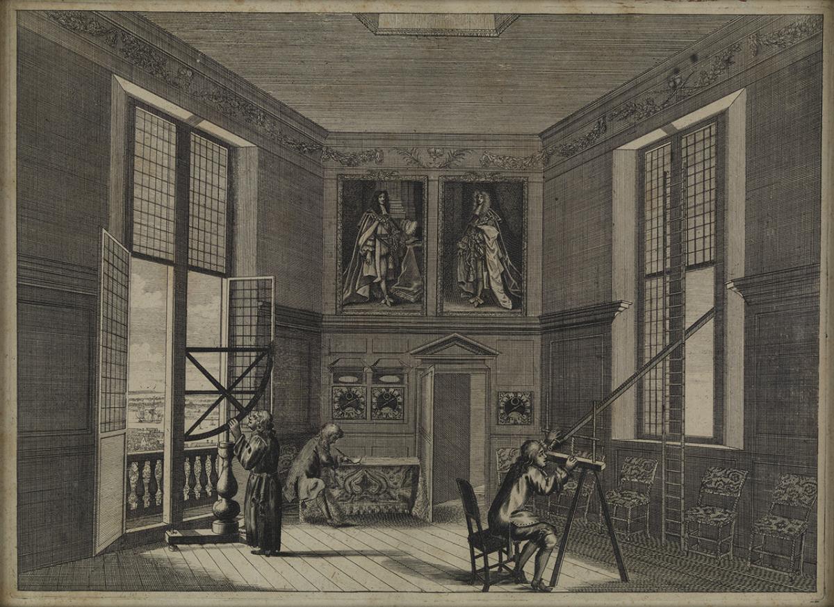 An illustration showing astronomers at work in the Octagon Room of the Royal Observatory. One is looking through a telescope pointed out of the high window on the right hand side